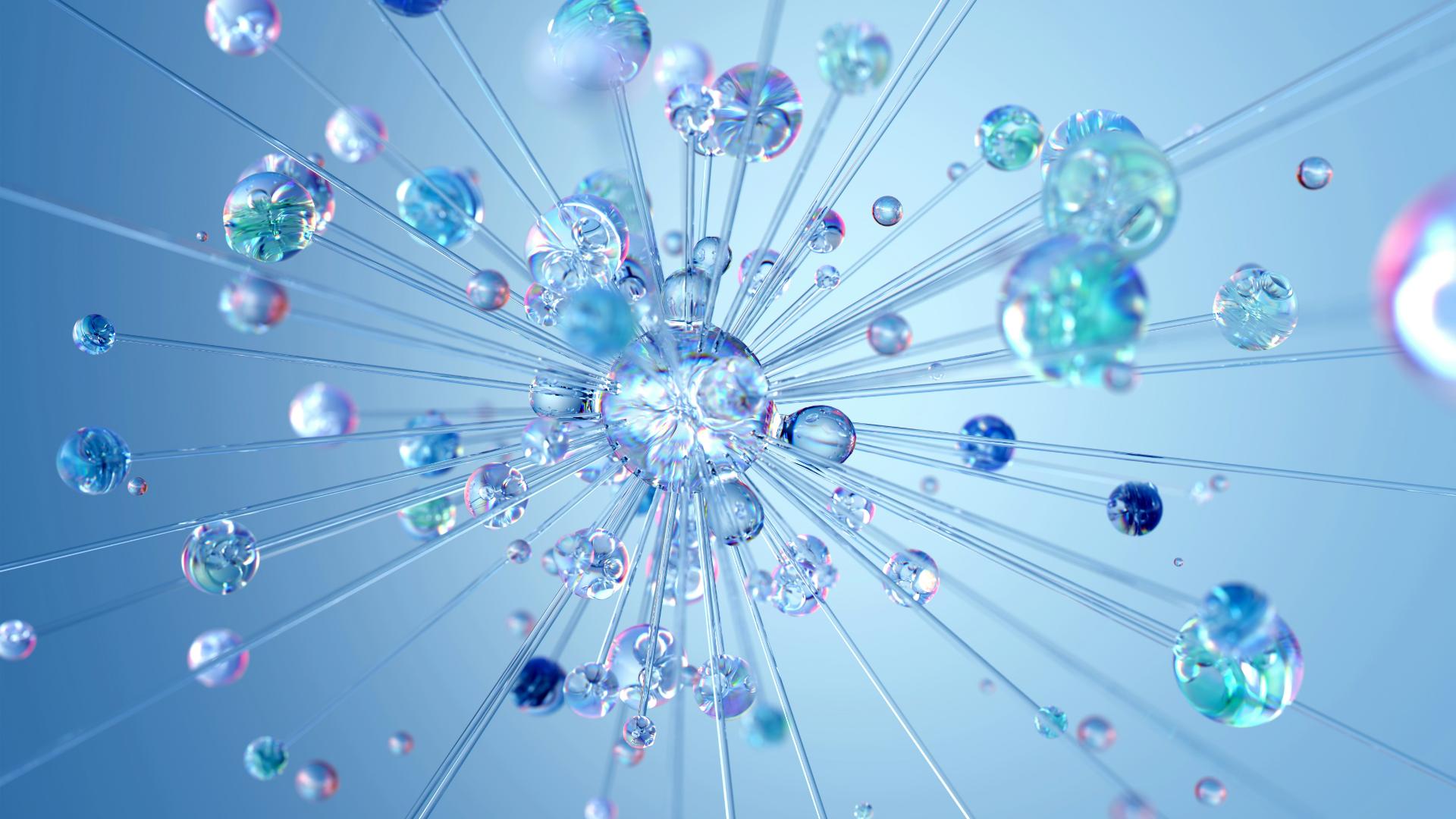 Abstract blue background with floating glass spheres