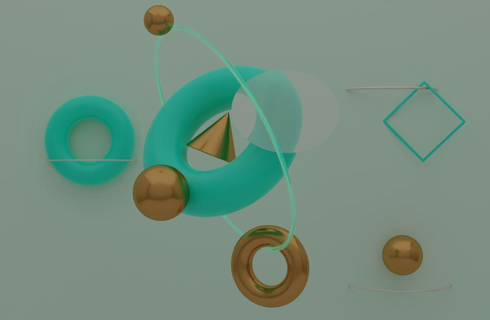 Floating geometric shapes with gold and teal elements