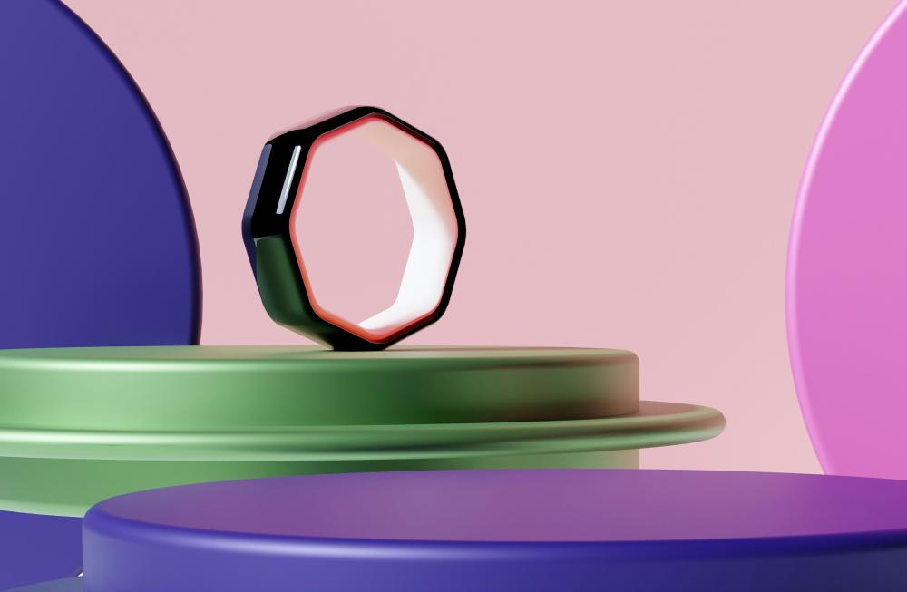 Modern hexagonal object displayed on colorful podiums