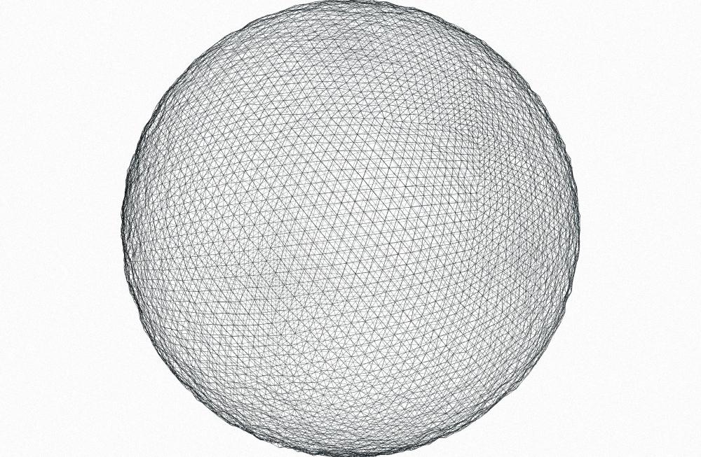 Wireframe sphere composed of interconnected lines.