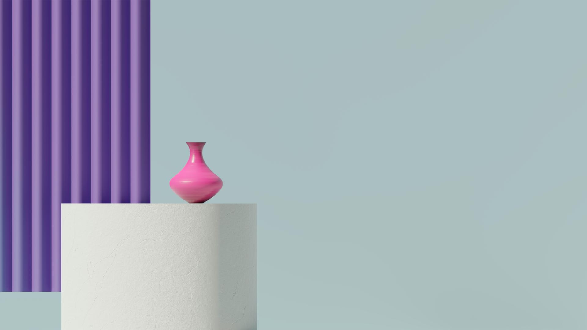 Pink vase on white pedestal and backdrop