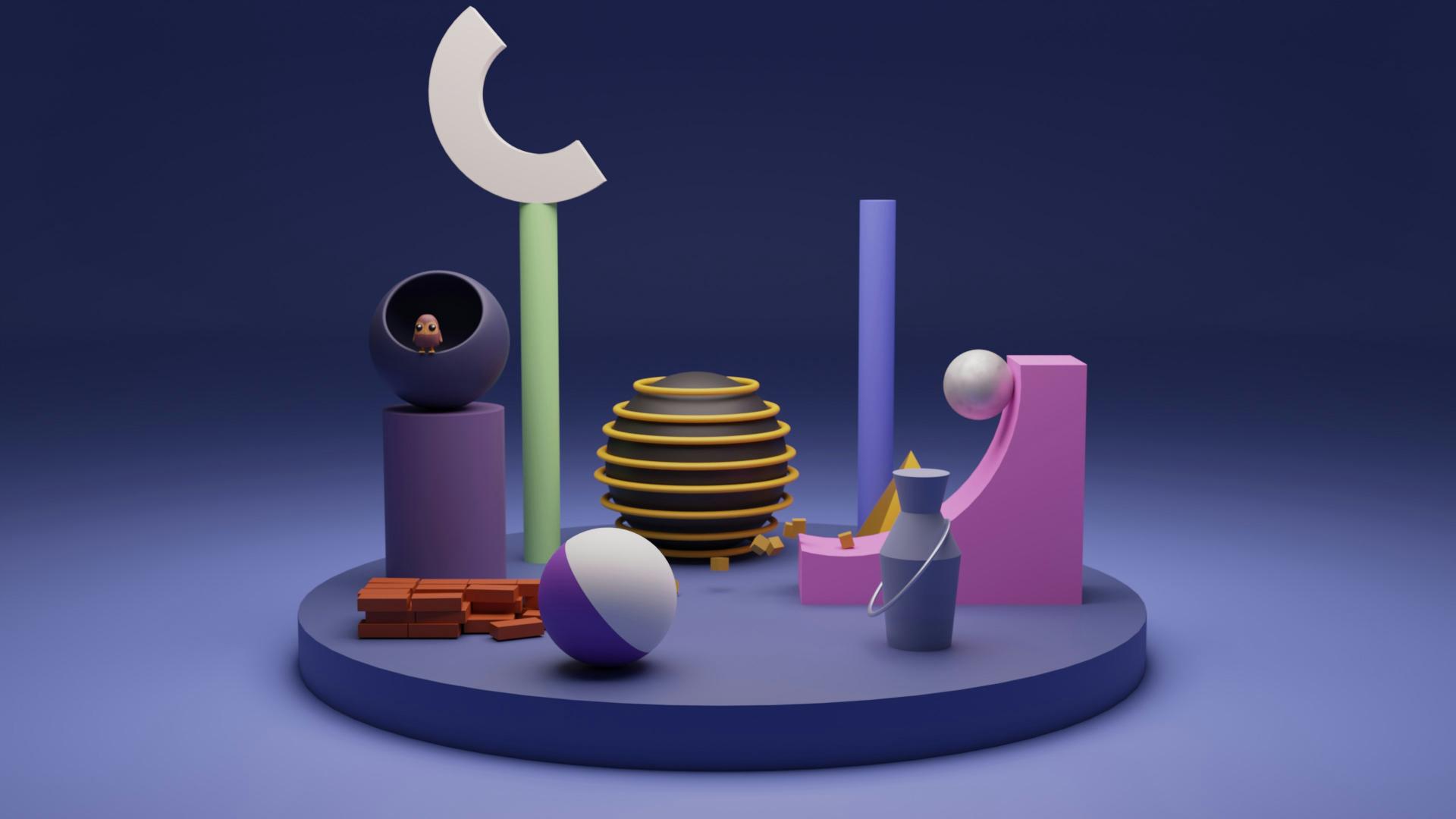 Surreal scene with geometric shapes and objects