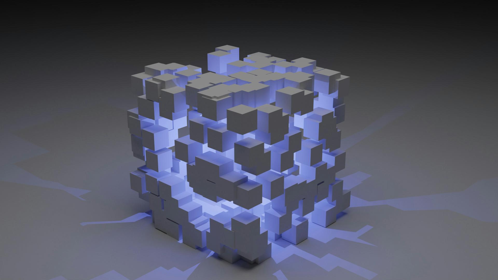 White cube structure glowing with blue light